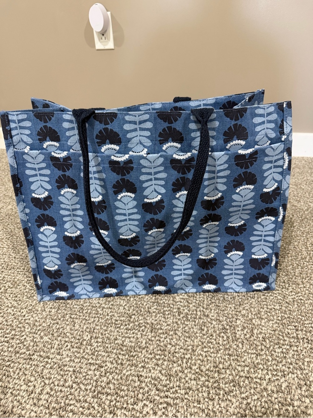 Mud Pie Blue Patterned Tote with Black Handles
